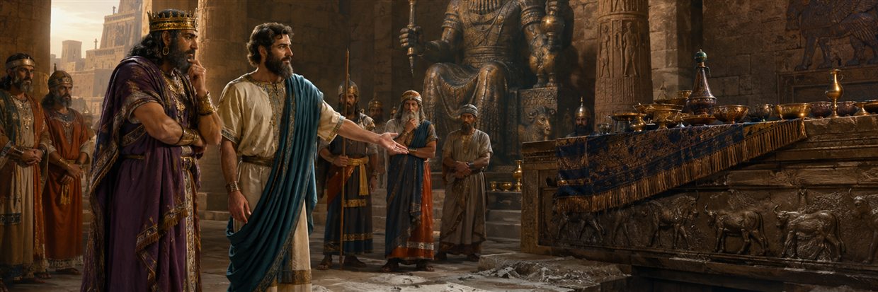 Daniel shows the king footprints in the ash leading to a hidden entrance beneath Bel's offering table